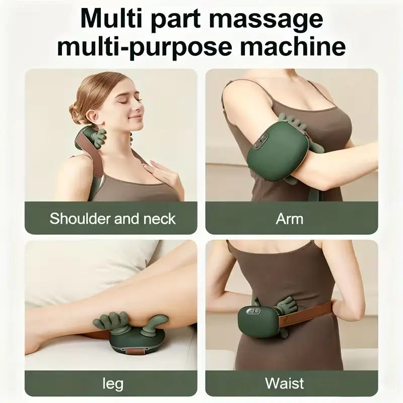 Multi-part massage machine being used on different parts of the body with text labels.