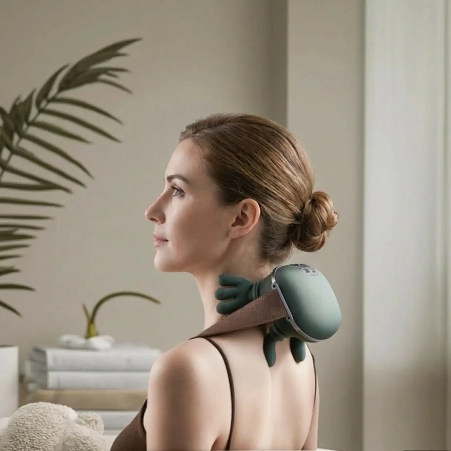 Woman using a neck and shoulder massager in a home setting